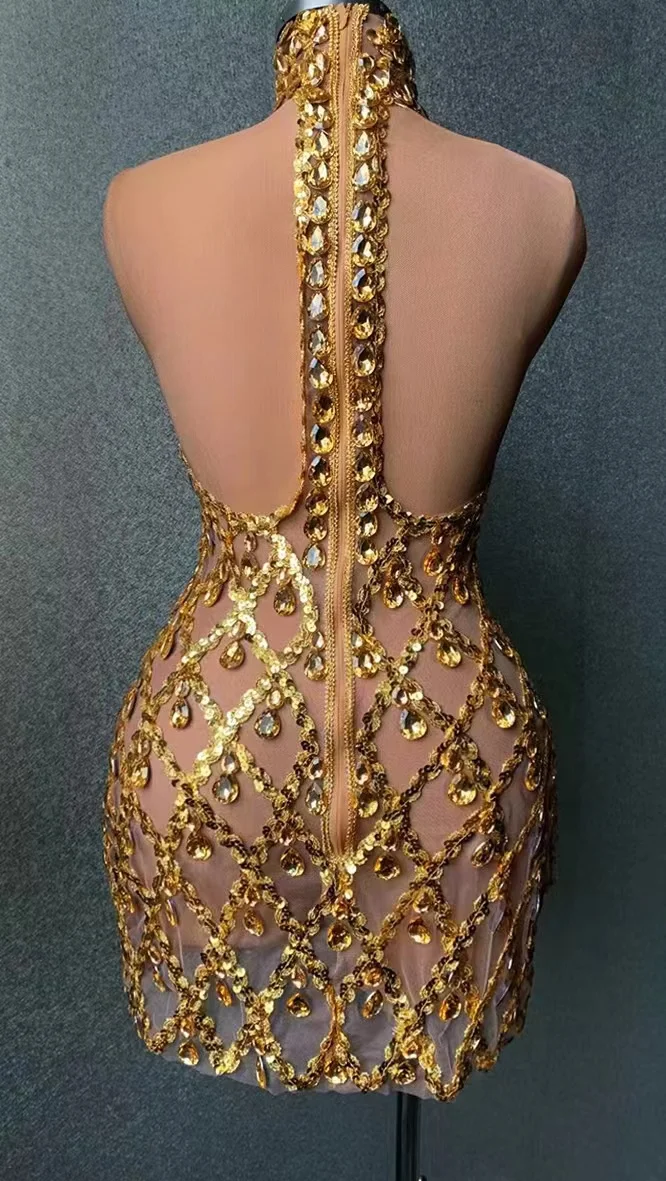 Abiti da sera con collo alto con diamanti scintillanti vedere attraverso il vestito con strass Sexy Mini abiti lucidi da donna per la festa di ballo