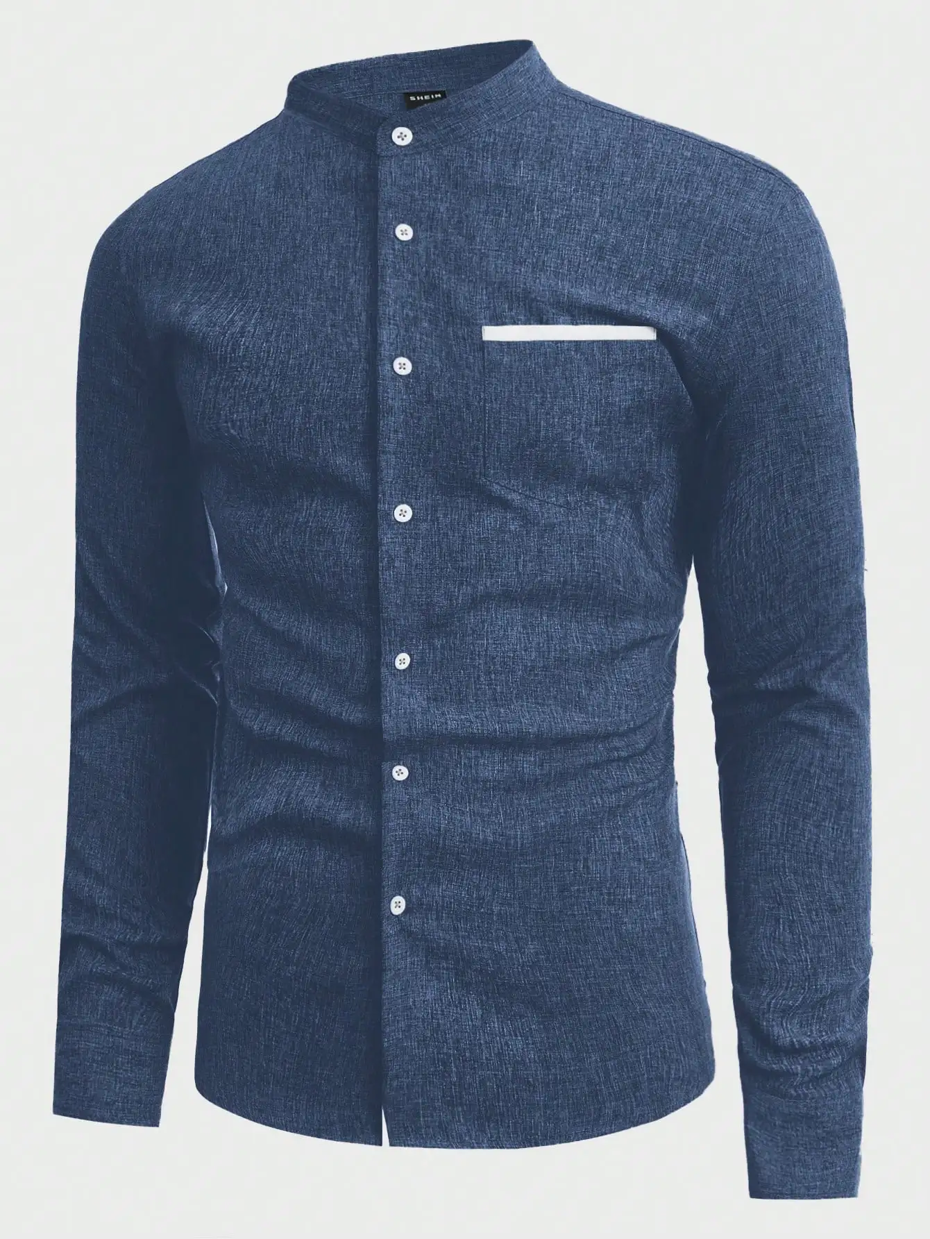 

Men's Stand Collar Button-Up Long Sleeve Woven Shirt, Navy Blue
