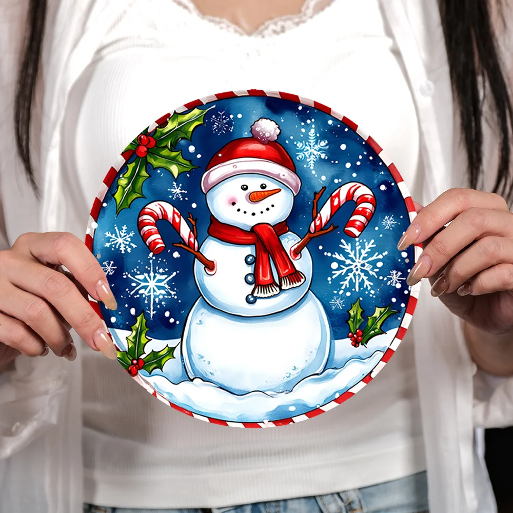 1pc 7,87 pollici rotondo in alluminio pupazzo di neve wall art - cartello piatto in metallo 2D con fori preforati, riutilizzabile per interni Natale e per hallo