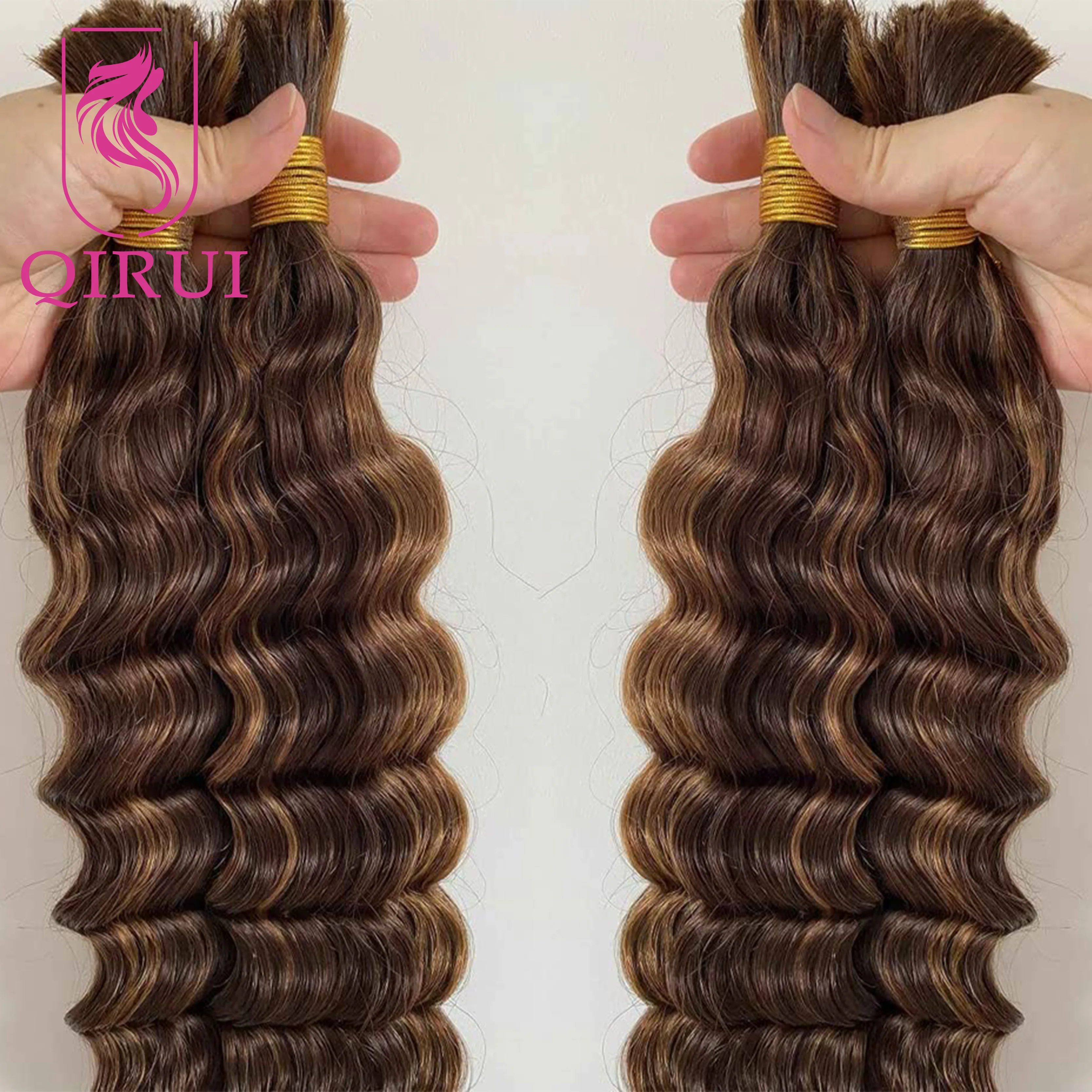 100% Human Hair Highlights Bulk Hair For Braiding Crochet Braids Bundles No Weft Deep Wave Braiding Hair Extension #4/#27 100g