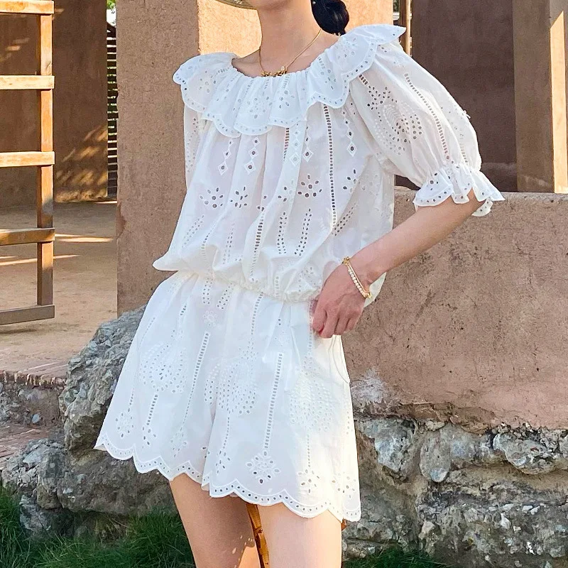 

Summer vacation clothes, one shoulder French embroidered shirt for women, matching skirt and skirt