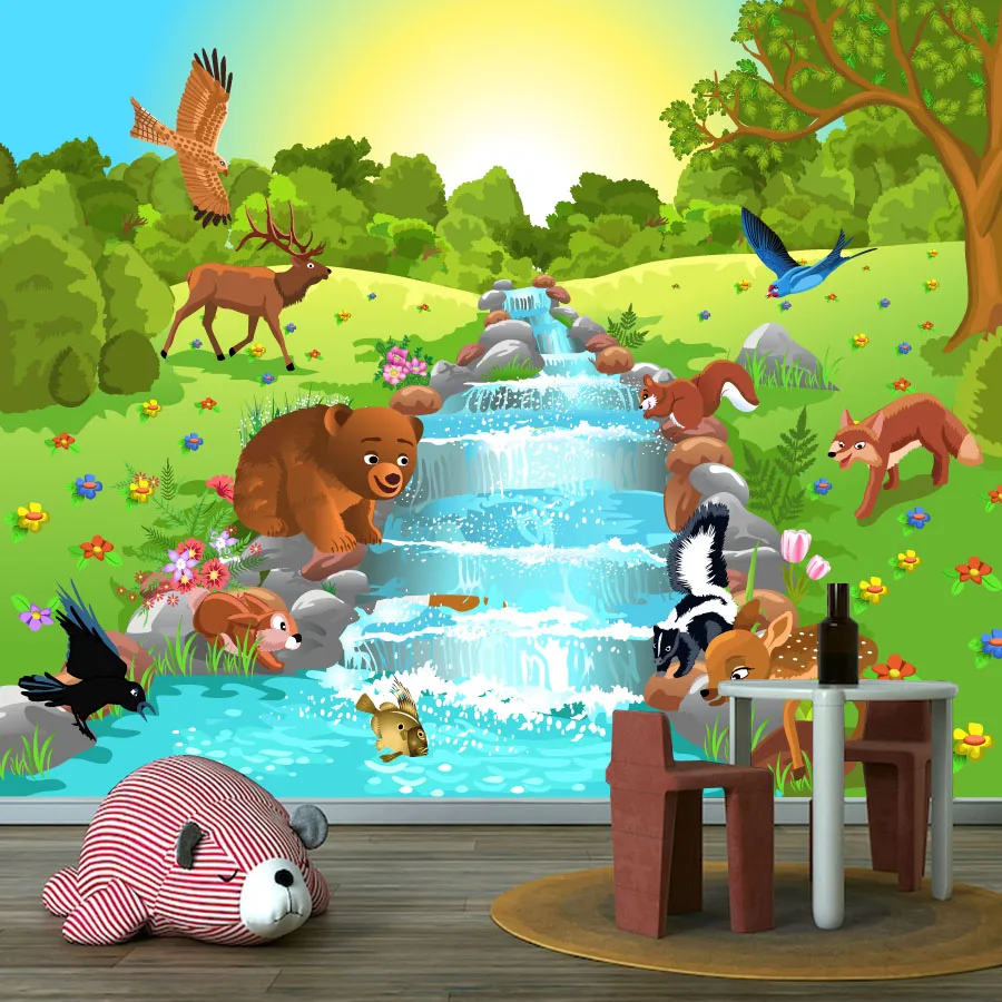 15+ Cartoon Playing Animals by River Mural, Self Adhesive Optional, Wallpaper for Living Room Contact Papers Kids Baby Bedroon