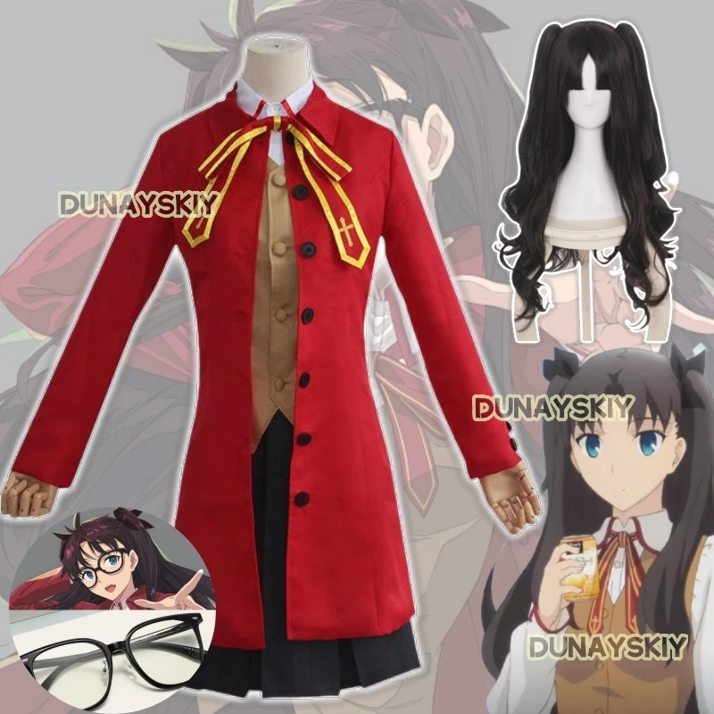 Anime Game Fate/stay Night Tohsaka Rin Cosplay Costume Wig Red Devil Wig Long Coat School Uniform Skirt Woman Kawaii Campus Suit