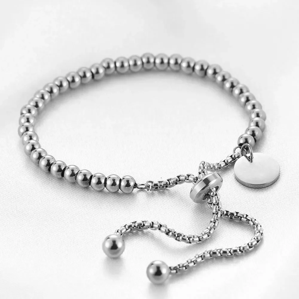 New Stainless steel simple Retro and refined fashion jewelry round hanging tag adjustable round bead bracelet For Woman