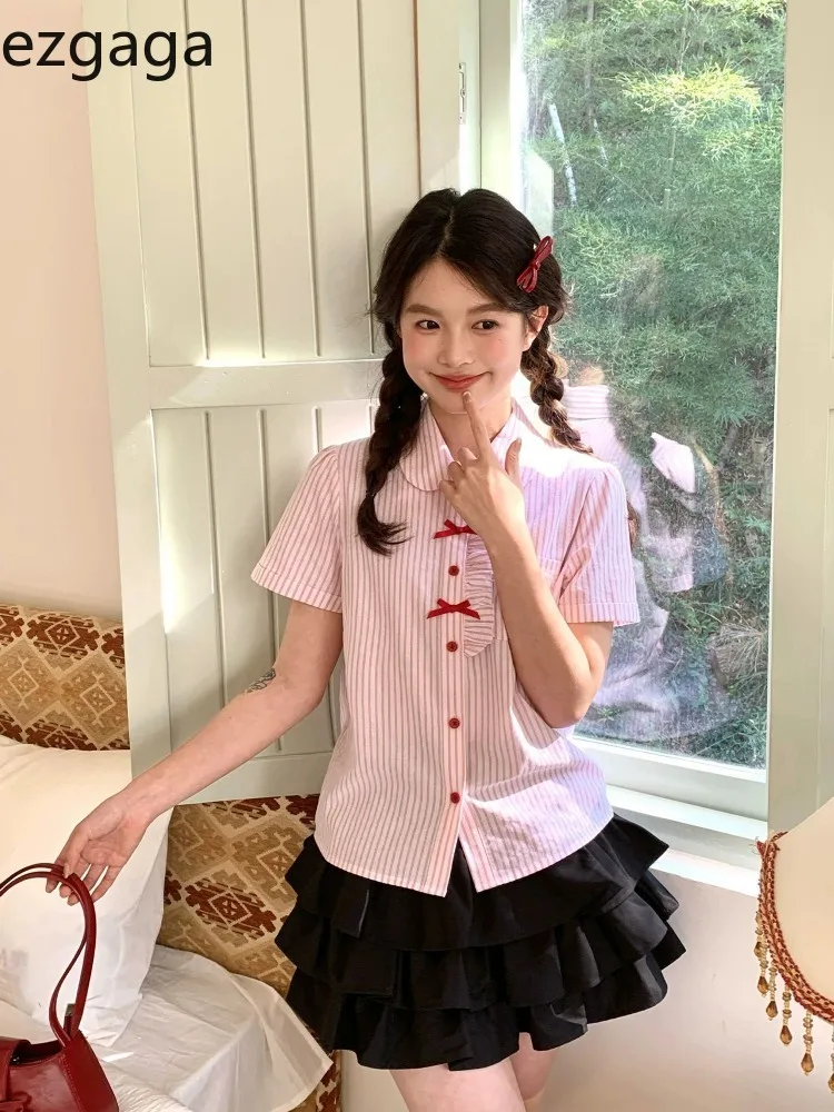 

Ezgaga Shirts Women Striped Peter Pan Collar Sweet Summer Fashion Vintage Elegant Blouse Preppy Style Female Casual Blouse