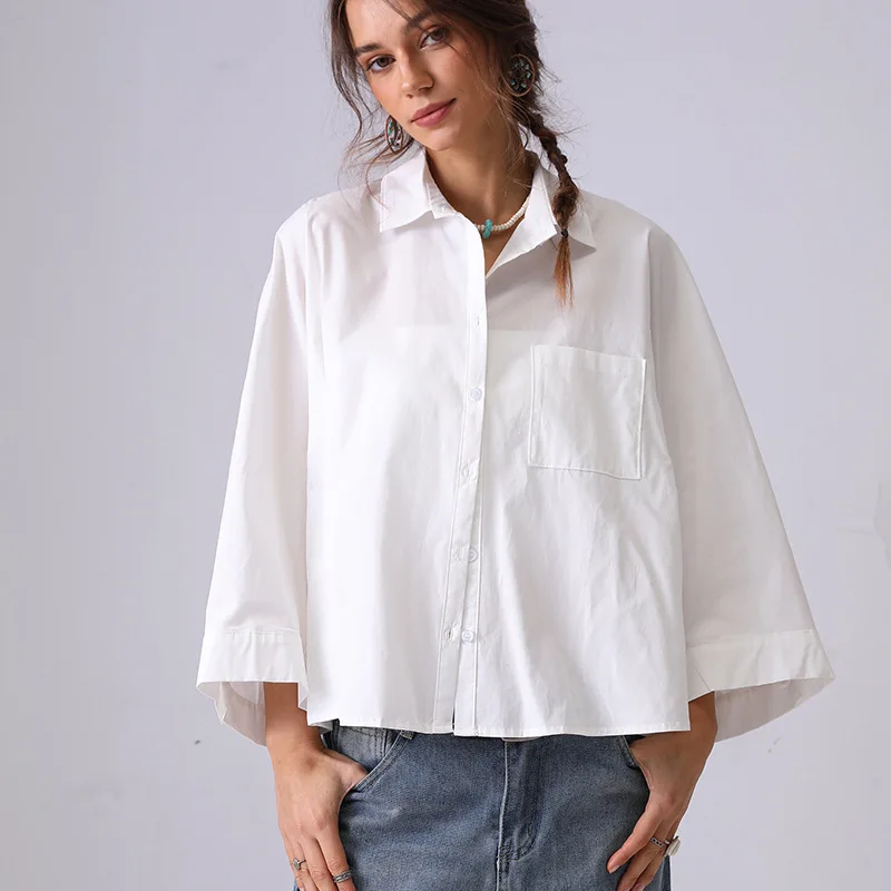 Fashion Loose White Cotton Women's Blouse 2025 Casual Lapel Long Sleeve Shirt Elegant Classic Solid Top Female Clothing