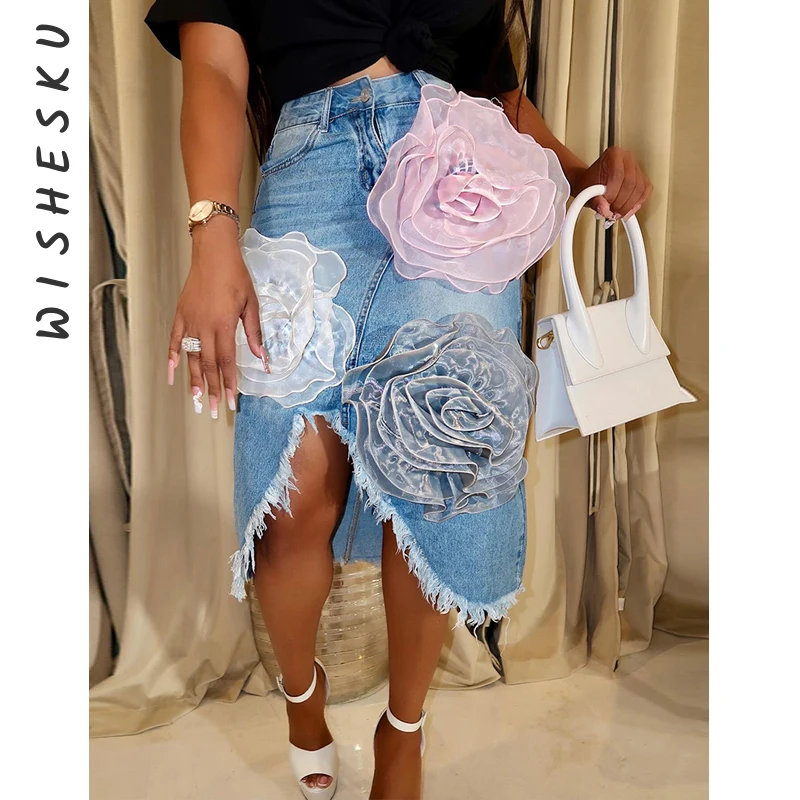 

3D Flower Denim Irregular Ragged Edge Skirts For Women 2024 Summer New Loose High Waist Solid Color Long Skirt