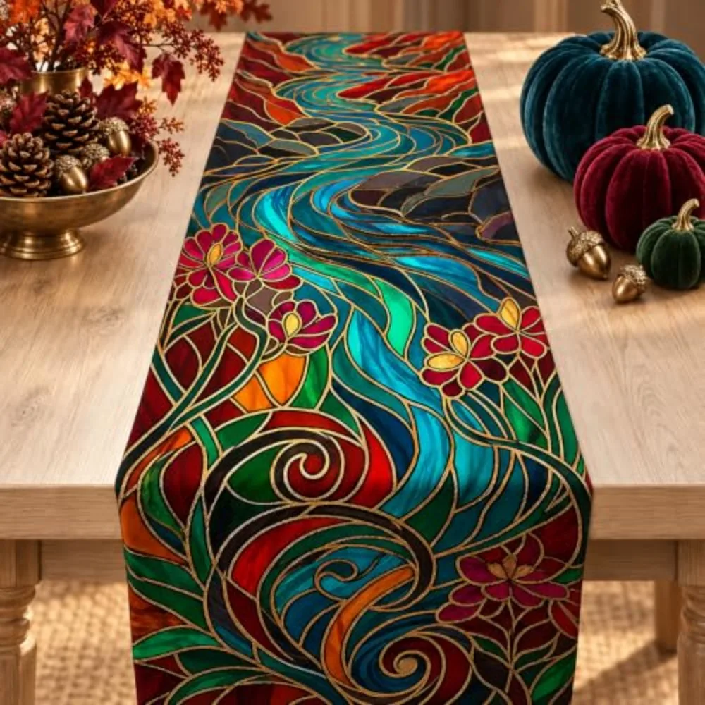 Luxury Table Runner Stained Glass Style Cloth Polyester Long Placemat Retro Floral Wave Pattern Holiday Banquet Decor