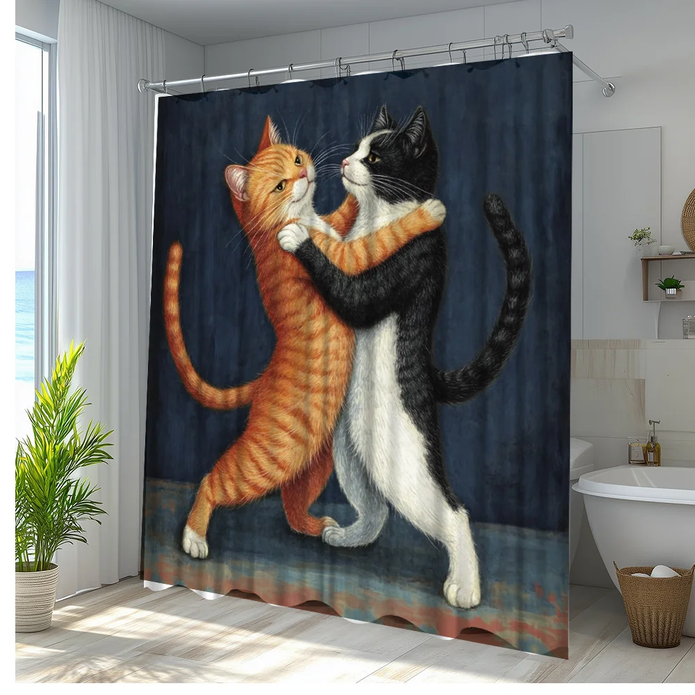 1pc Dancing Cats Shower Curtain, Vibrant Feline Pair Illustration for Bath and Yard Decor, Whimsical and Charming Cat Print for