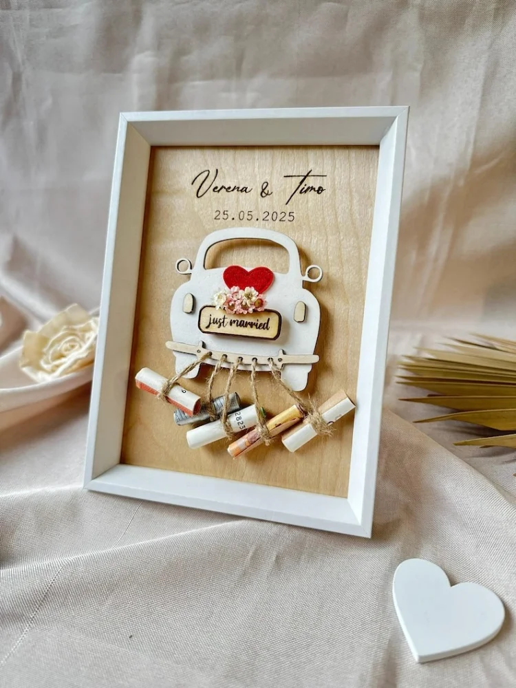 Personalized UV Printed Just Married Car Money Gift Frame Custom Names Date Wedding Cash Gift Shadow Box Wedding Keepsake Gift
