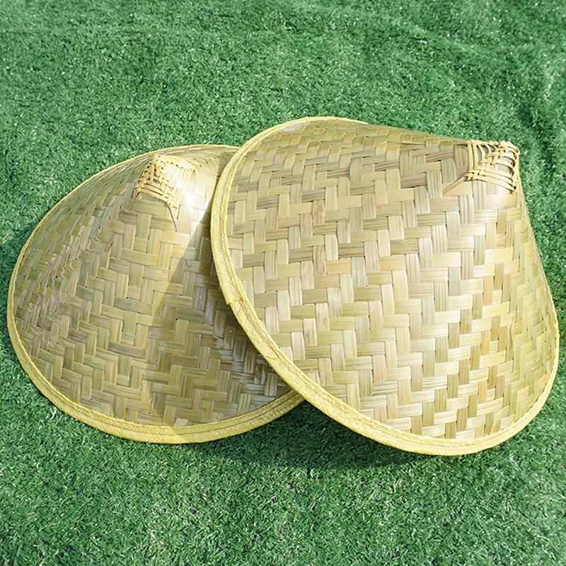 Bamboo Woven Green Conical Hat Chinese Retro Bamboo Rattan Fisherman Hat Handmade Weave Straw Bucket Hat Cone Sunshade Hat