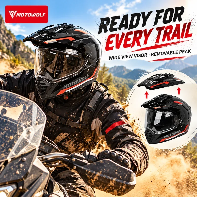 Motorcycle Motocross Adventure Full Face Helmet with Wide View Visor, Removable Peak and Ventilation