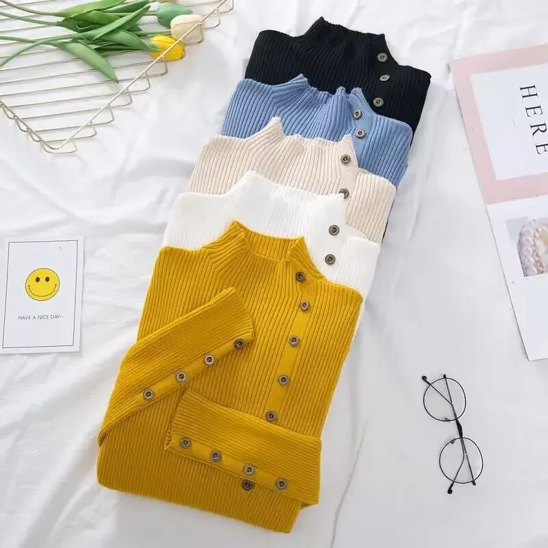 Jerséis elásticos suaves de algodón de punto liso para mujer, suéteres ajustados de punto de otoño para mujer de Corea, cuello alto de manga larga con botones 2025