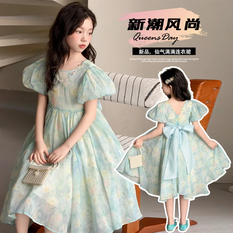 

Girls Summer Oil Painting Floral Princess Dress Kids Puff Sleeve Chiffon Dress with Back Bow Birthday Party Gown