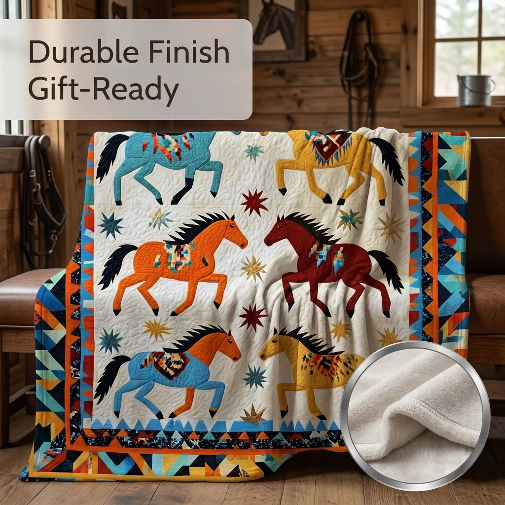 1PC Bohemian Wild Horse Patchwork Thick Flannel Throw Blanke, Soft Warm Portable Throw Blanket, Perfect Gift for Adults Boys Gir