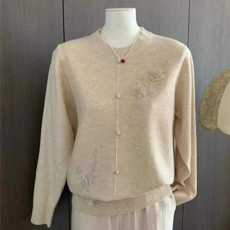 Mature Women Round Neck Sweater Spring Floral Decor Loose Long Sleeve Knit Top