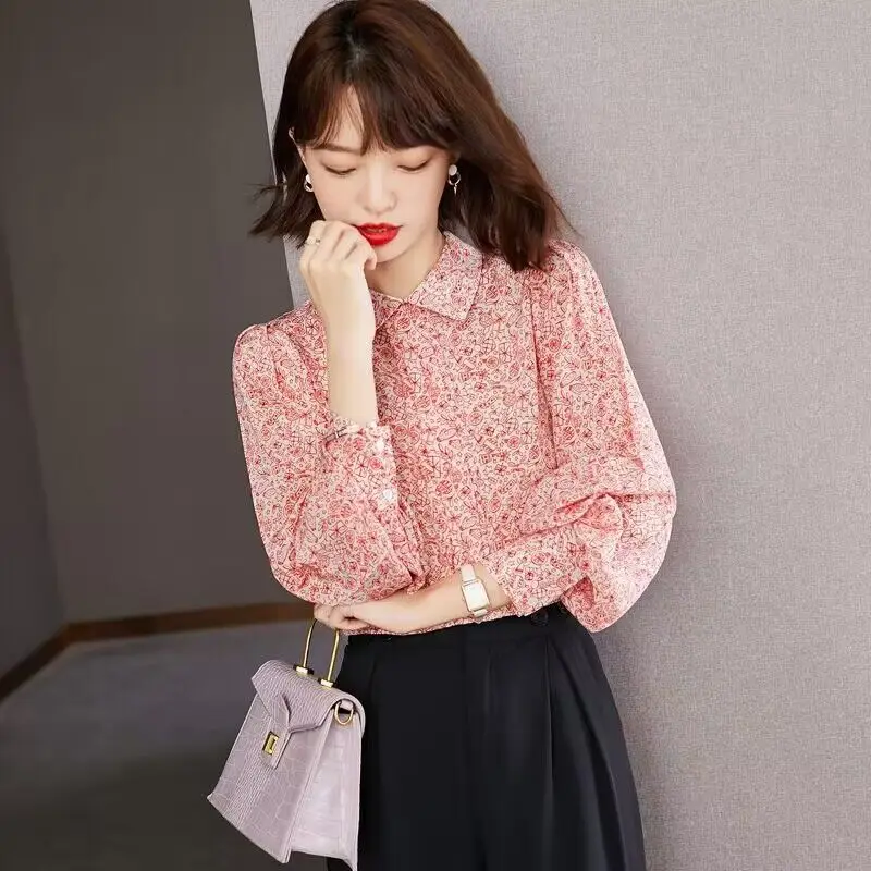 Fashion Pink Printing Single-breasted Blouse Women Classic Lantern Sleeve Casual Polo Collar Elegant Office Chiffon Lady Shirt