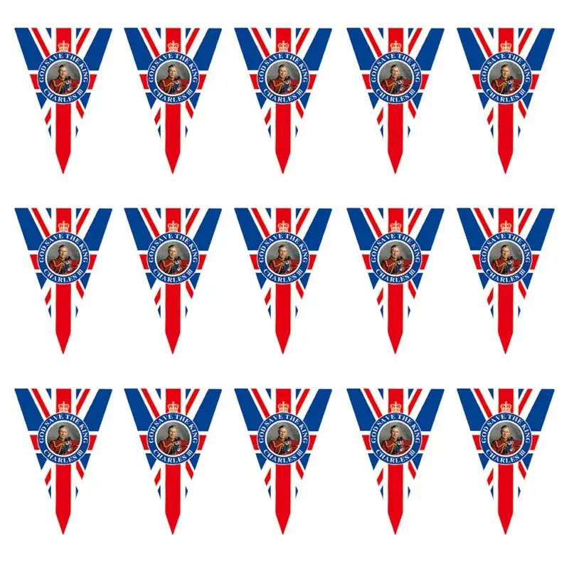 King Charles III Union Jack Bunting Banner 15Pcs England Triangle Garlands British Pennants 4.5M Union Jack Bunting Pennant For