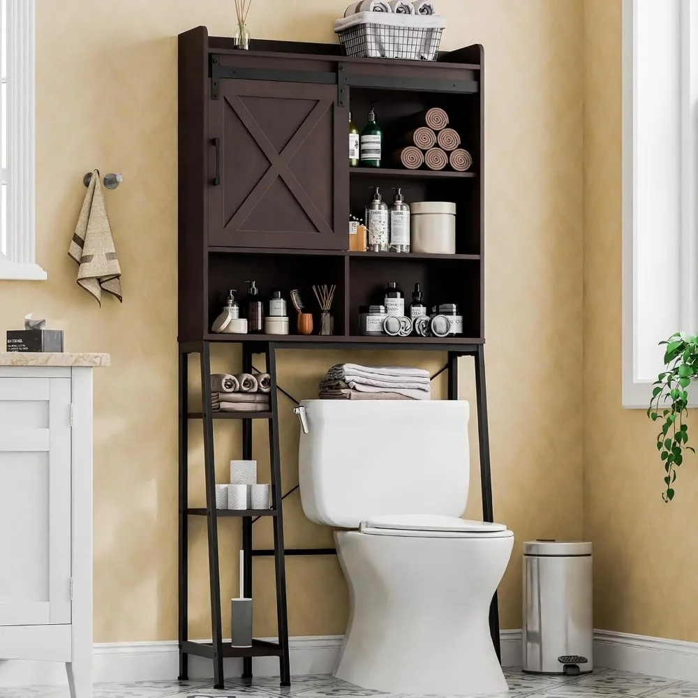 

Over The Toilet Storage Cabinet, Farmhouse Storage Cabinet Over Toilet with Sliding Door & Toilet Paper Holder Stand，Home Space-