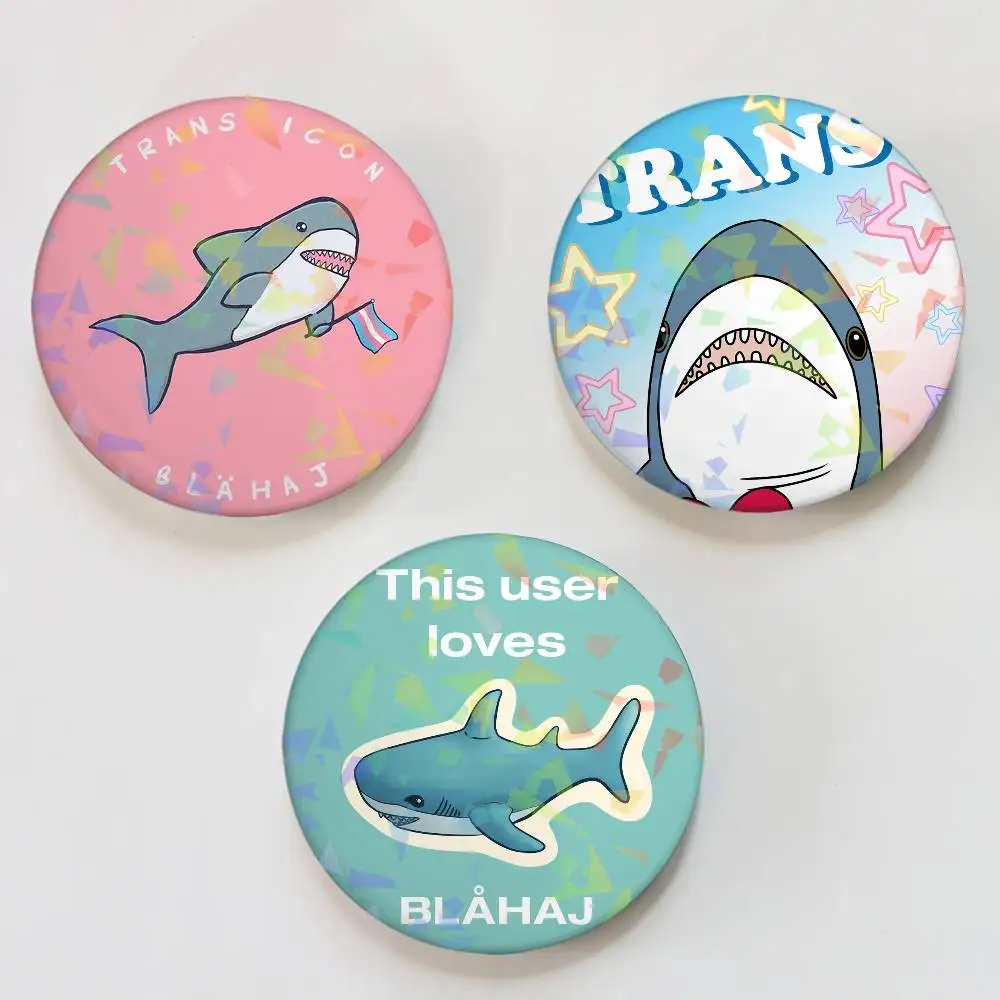 Trans Blahaj Shark Cartoon Round Badge for Backpack Accessories Laser Lapel Pins Jewelry Gifts