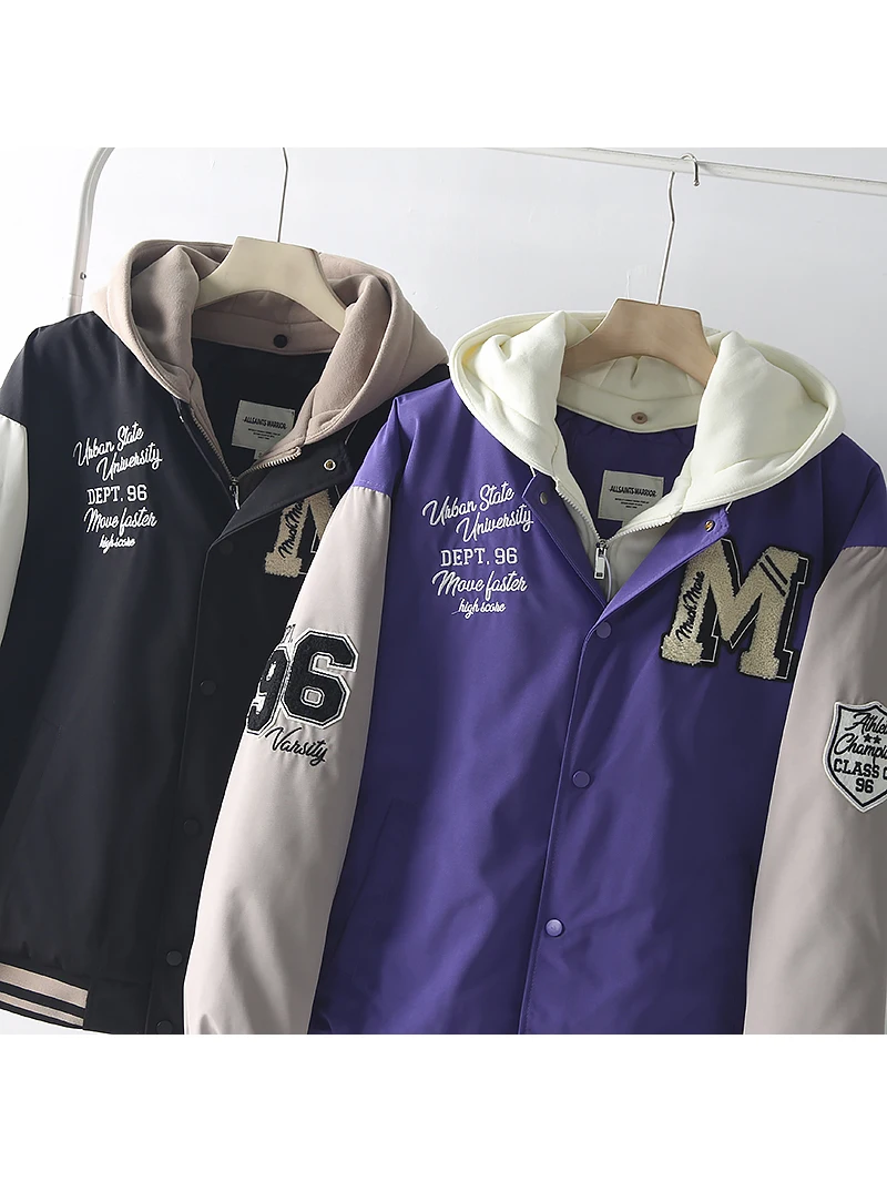 

Мужская зимняя куртка с капюшоном и бейсбольным воротником, с цветными блоками, вышивкой и утеплением, из хлопка