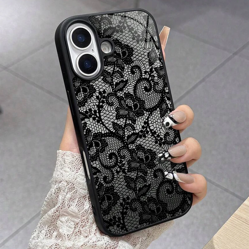 Custodia in silicone con raffinato motivo in pizzo per iPhone 17 16 15 14 13 12 11 Pro Max, Air 16E 16 Plus XS X XR - Morbida Funda