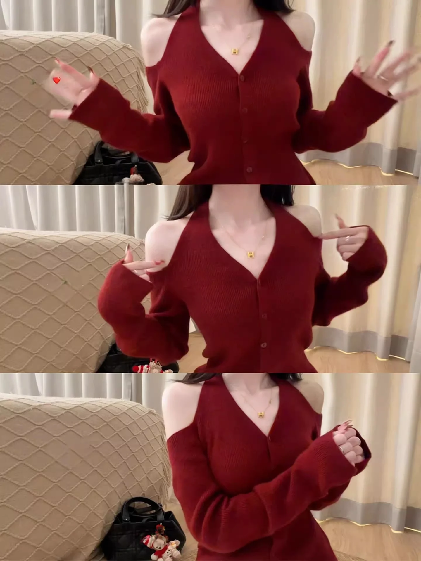 

Ретро-красный вязаный топ с V-образным вырезом и открытыми плечами, женский, приталенный, элегантный, для Нового года, весенний сезон, с дизайном на завязках на шее