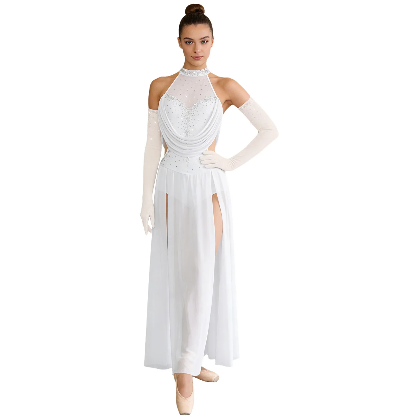 

Women Liturgical Praise Dance Dress Set Rhinestone Modern Maxi Dress with Full Finger Gloves for Stage Prom Dance Performance