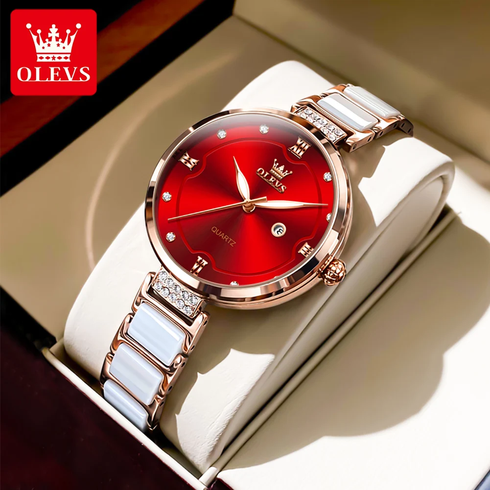 

OLEVS Women's Watches Luxury Elegant Ceramics Strap Bright Red Dial Original Brand Quartz Wristwatch for Lady Waterproof Date