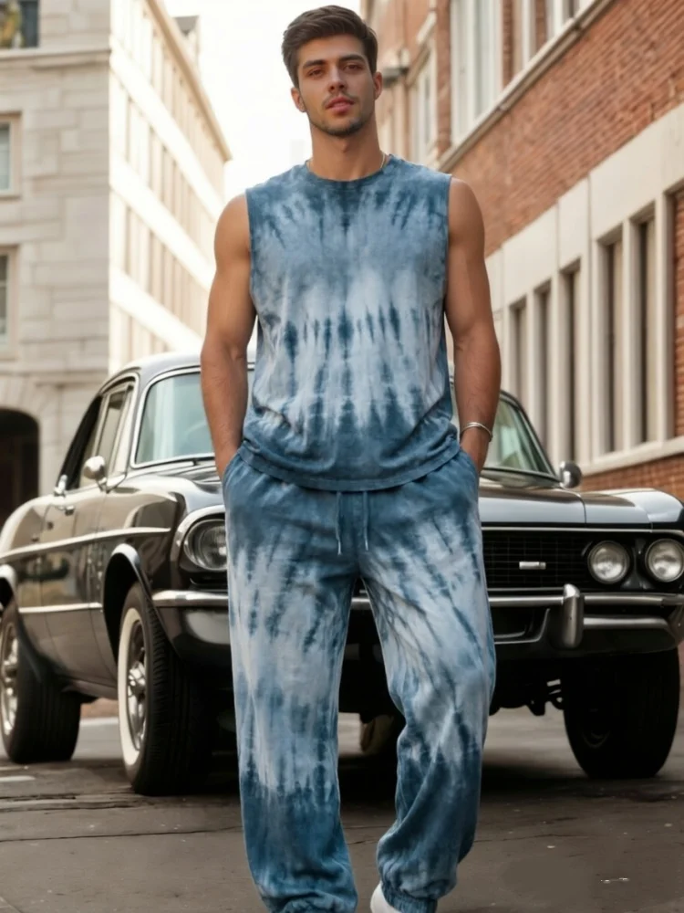 Men's Blue Tie Dye Gradient Print Sleeveless Tank Top Drawstring Sweatpants Two Piece Casual Streetwear Set