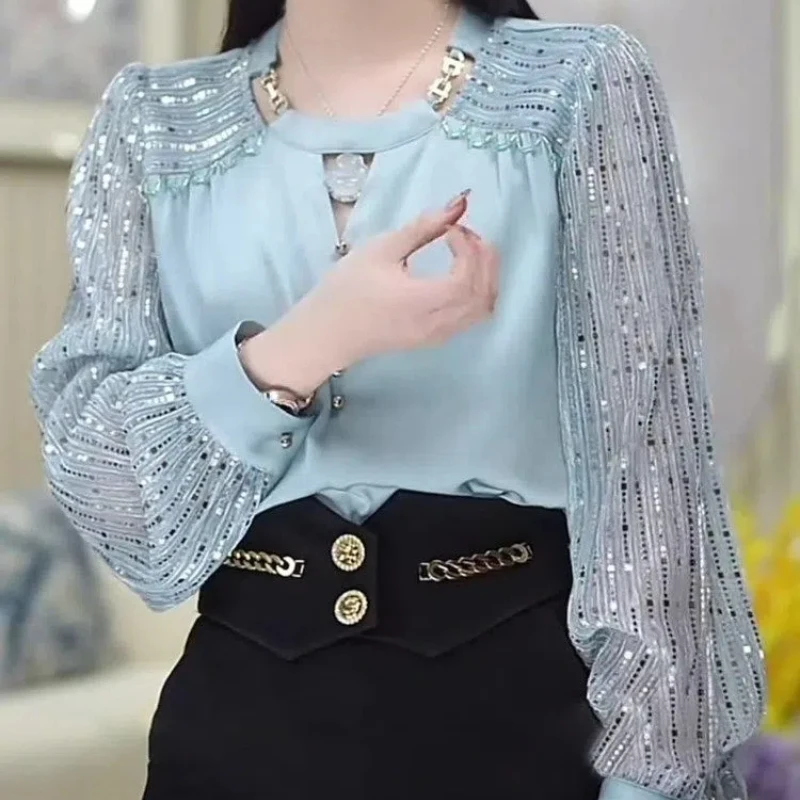 French Style Fashion Autumn Shirts Women Clothing Solid O-Neck Patchwork Bright Silk Temperament Sweet Loose Long Sleeve Tops