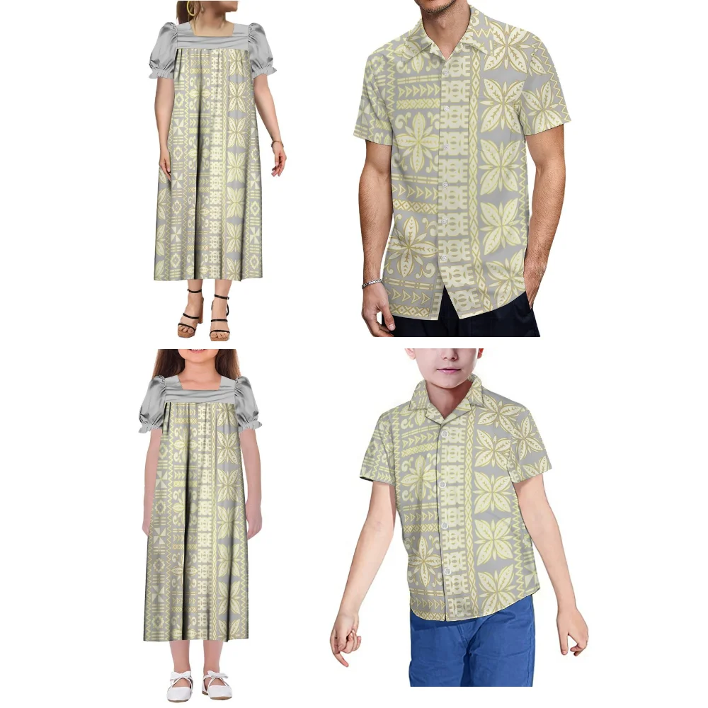 Set personalizzato per famiglia polinesiana estiva con stampa tribale samoana Abito Mumu per madre-figlia Camicia tascabile casual hawaiana padre-figlio