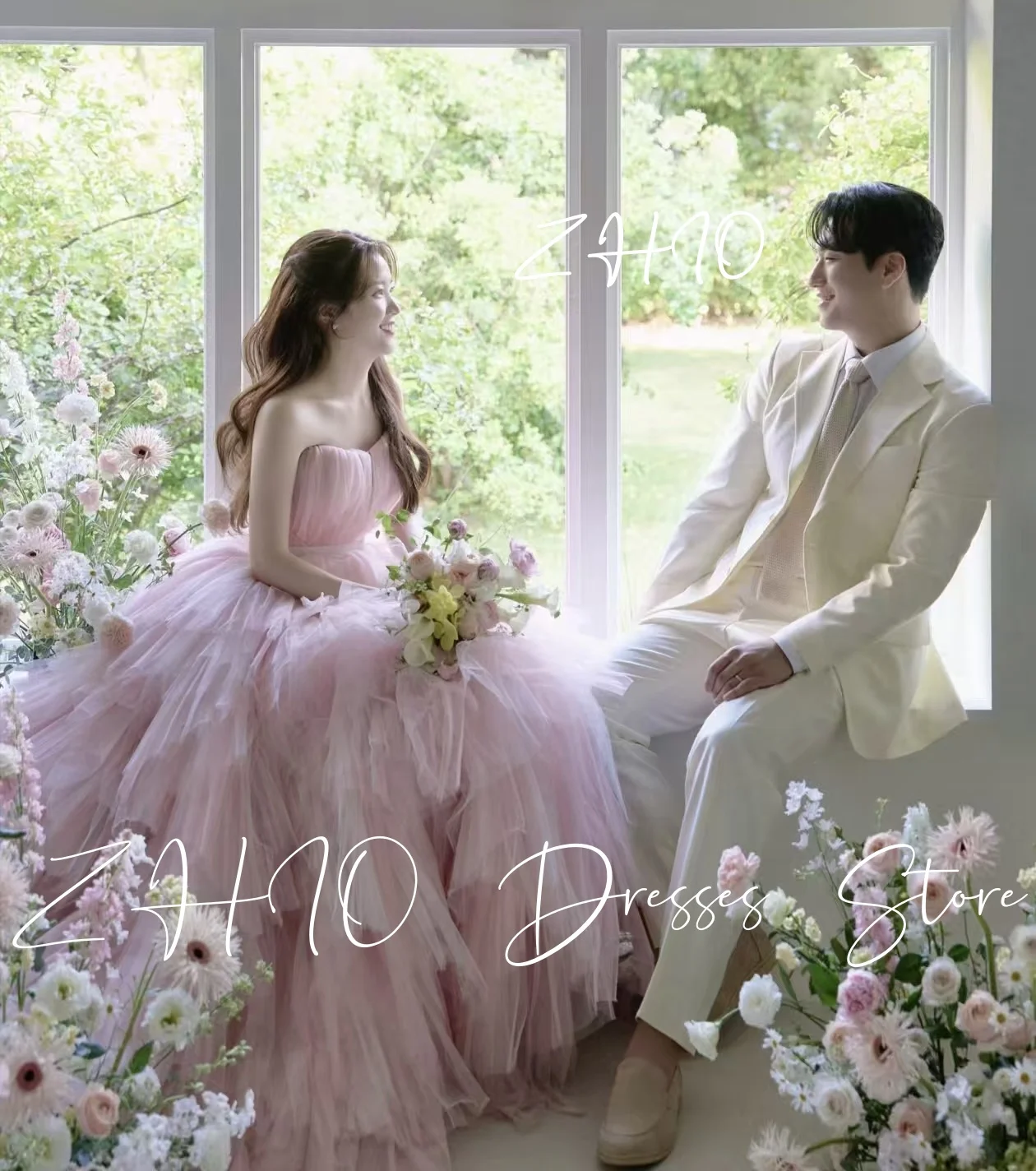 Zhi doce rosa vestido de casamento sem alças drapeado a linha trem varredura tule coreia sessão de fotos vestido de recepção de noiva personalizado luxo