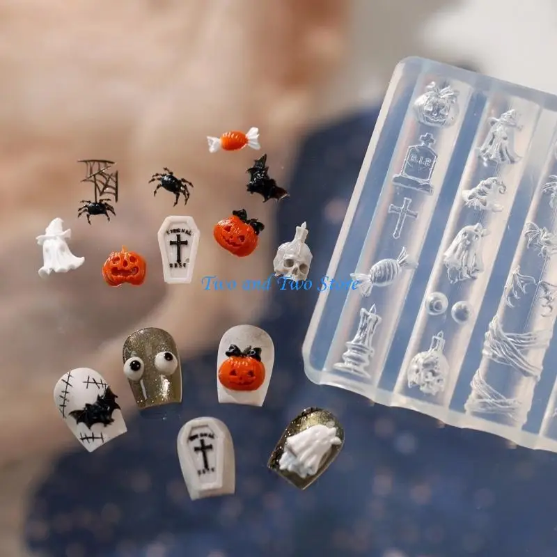HX6F Halloween Mini Charm Mold for UV Gel Resin and Clay, Clear Cavity Tray with Bat Web Candy Skull Shapes for Nail Craft