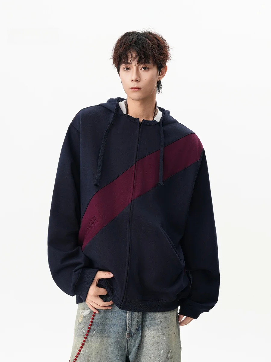 

Retro American Spliced Stripes Hoodie Cardigan Men's Autumn Trendy Heavyweight Hiphop Sports Zipper Jaet Casual Loose Fit