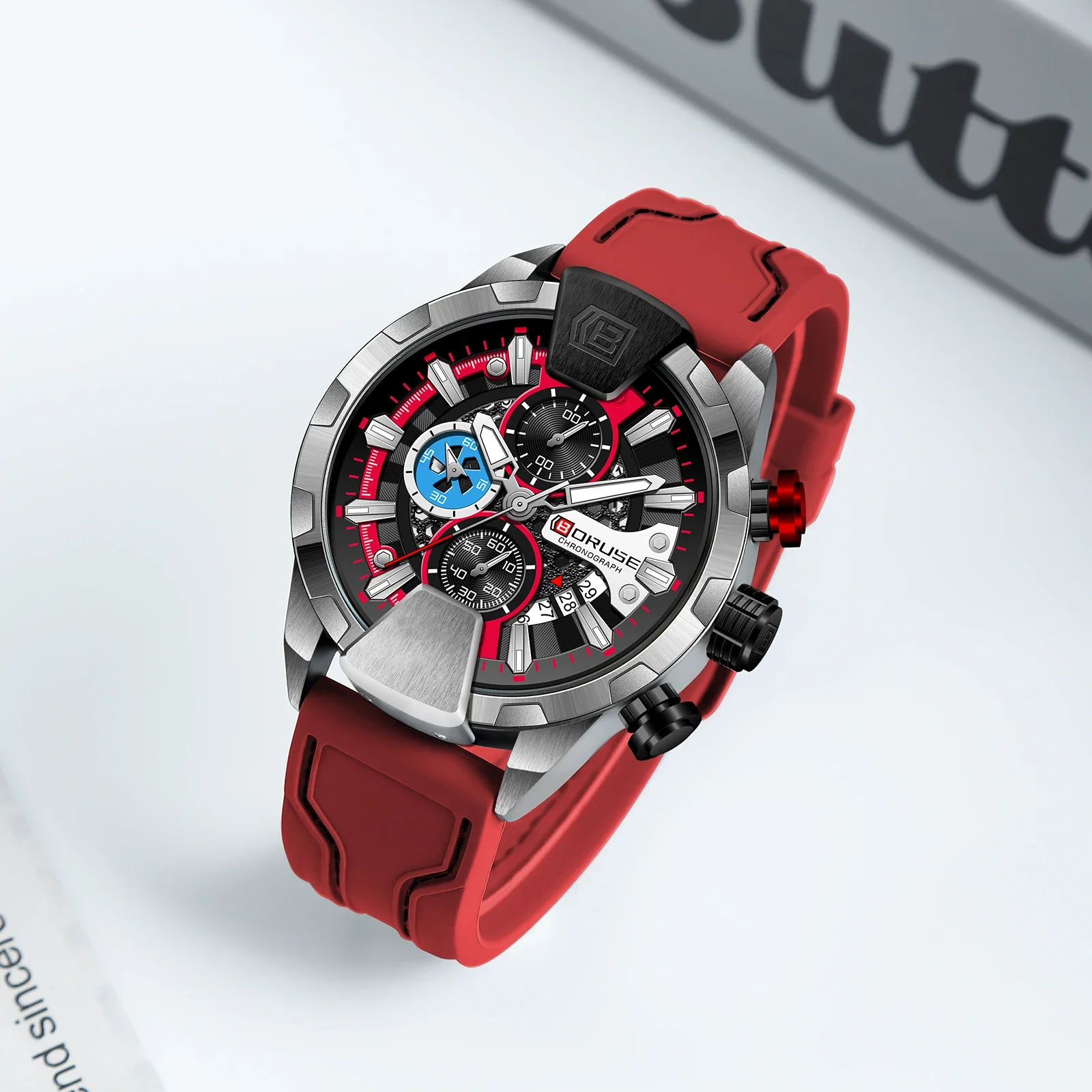 BORUSE Watches for Men Red Waterproof Chronograph Watch Mens Business Wristwatch Calendar Clock Relogio Masculino view 3