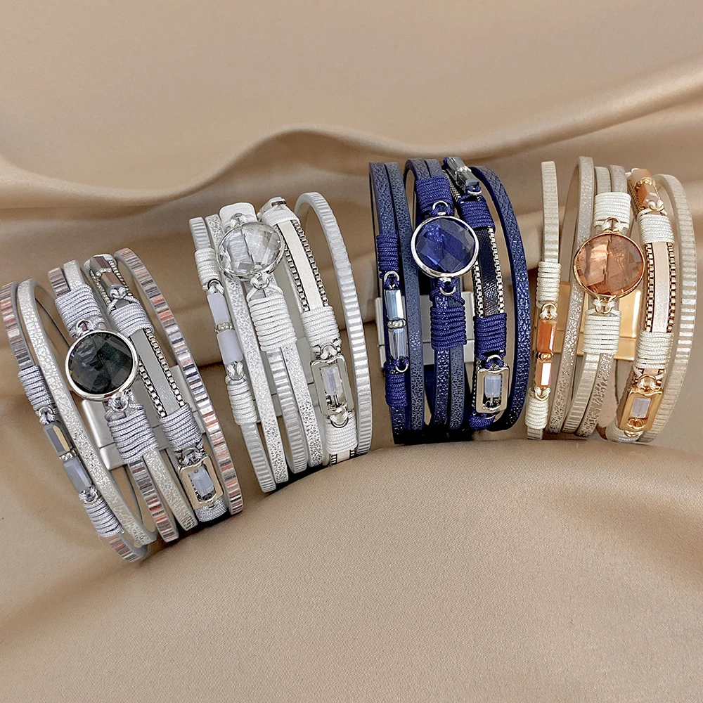 Amorcome 4 Styles Vintage Multi Layer Leather Bracelet Women Men Boho Inlaid Acrylic Crystal Wide Cuff Bangle Jewelry Wholesale