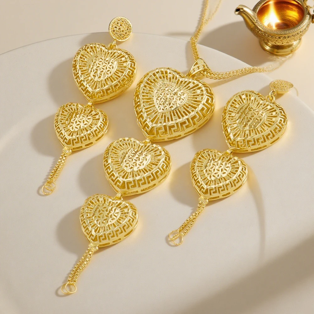 

Dubai Stainless Steels Necklace Earrings Jewelry Set For Women 24K Gold Plated Retro Indian Nigeria Bridal Wedding Party Gift