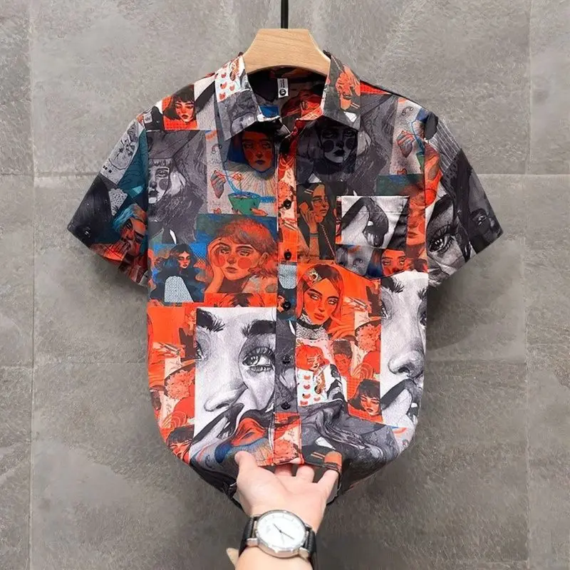 

Men's Character Print Short Sleeve Shirt Street Hong Kong Style Loose Casual Shirt