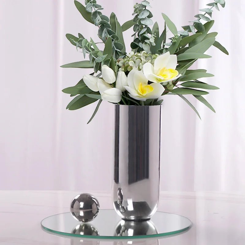 Light luxury vase Nordic flower insert stainless steel minimalist cylindrical flower ware living room model room high-end decora