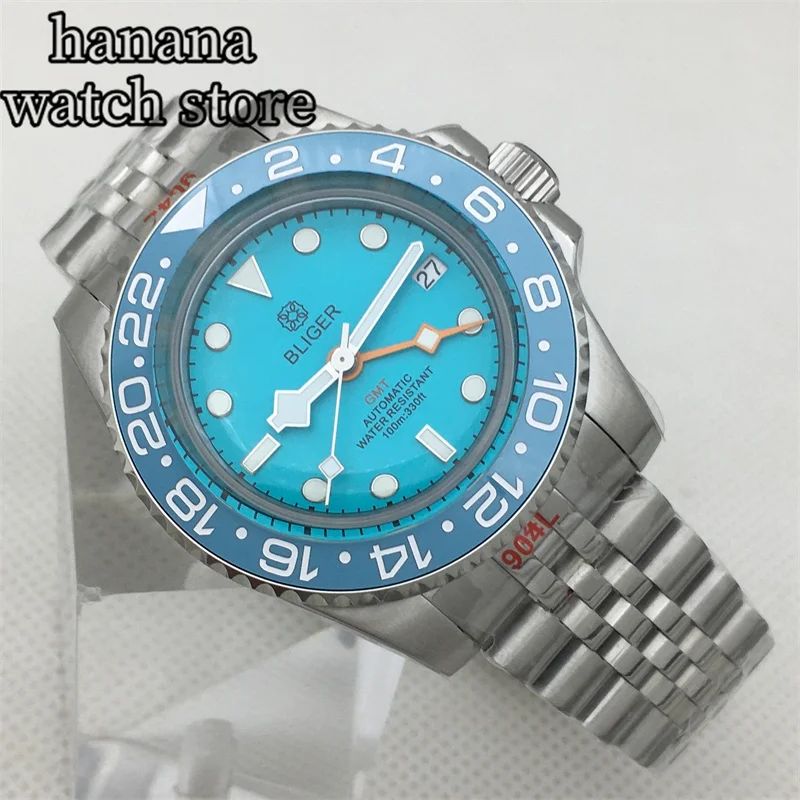 40mm sky blue luminous dial NH34 GMT automatic Men\'s watch arch glass ceramic bezel Date window