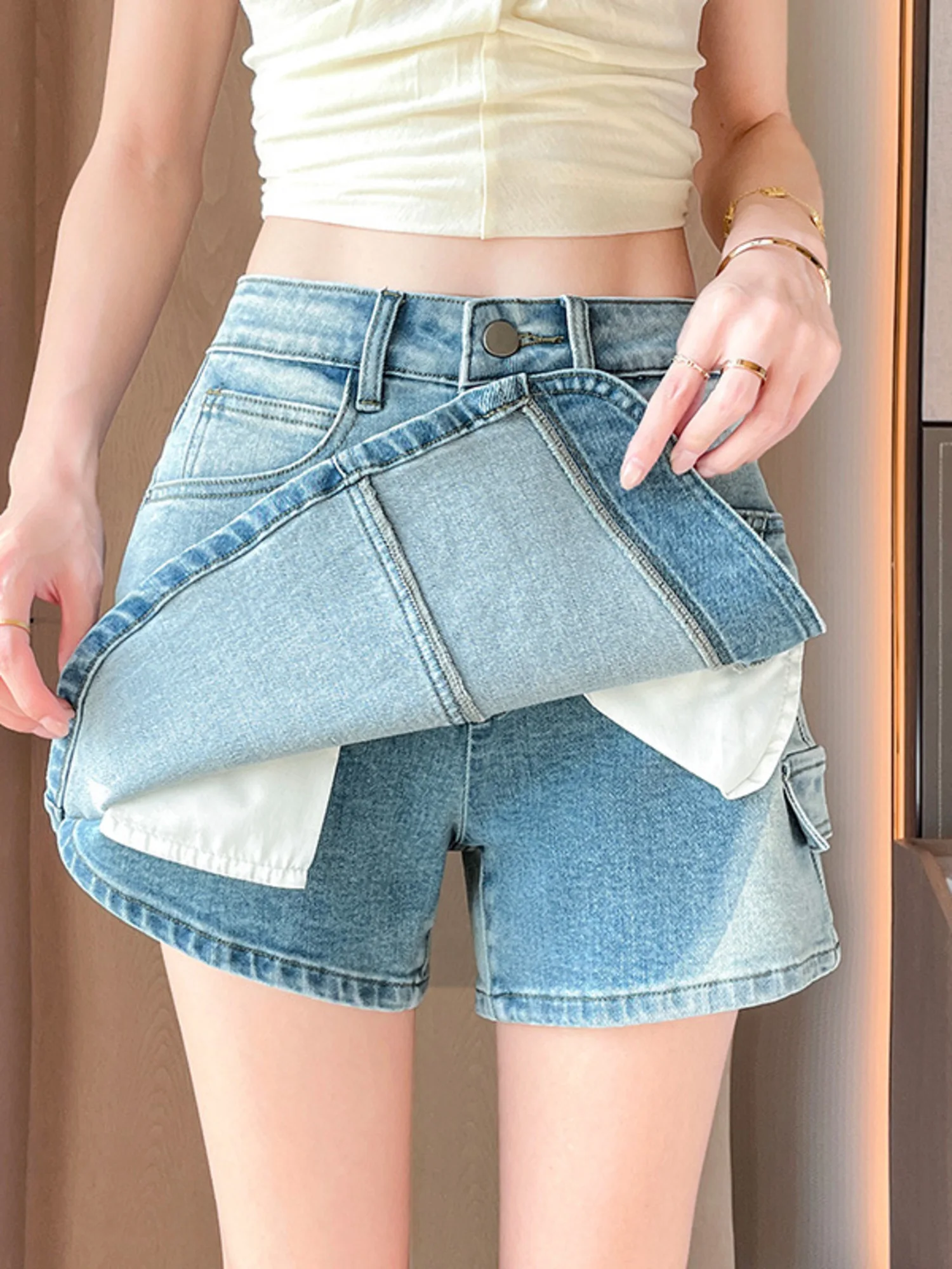

Women's High Waist Denim Skort A-Line Mini Jeans Skirt with Built-in Shorts Side Pocket Cargo Design Y2K Summer Streetwear 2026