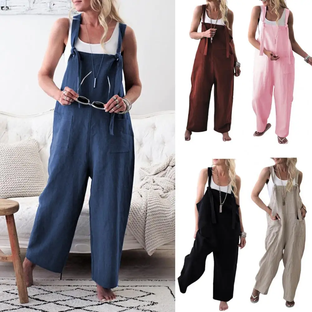 

2023 Summer Tourism Cotton Linen Solid Color Overalls Pants Loose Wide -footed Casual Jumpsuit For Women Clothing Plus Size