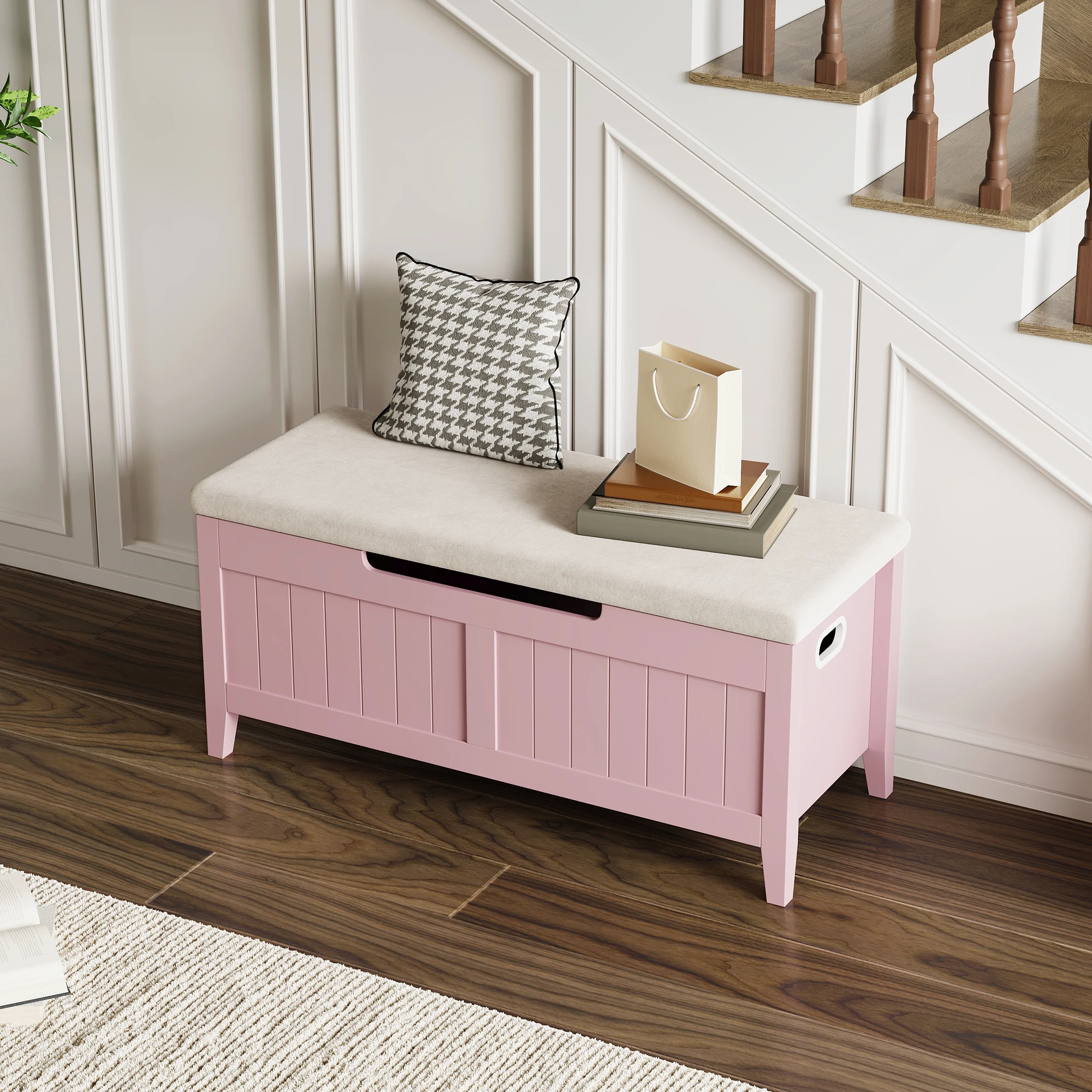 Turn-Top White Wooden Entryway Storage Bench  Padded Cushion Seat  Sturdy Legs  Safety Hinges  Multi-Functional Shoe Ottoman  Toy Chest for Bedroom Living Room