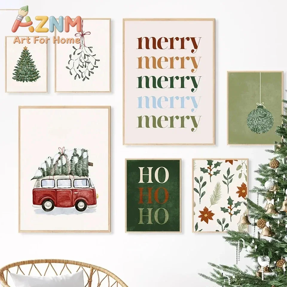 Christmas Tree Ball Decoration Poster Frosted Holly Winter Van Canvas Painting Snowflake Prints Decorative Home Room Picture
