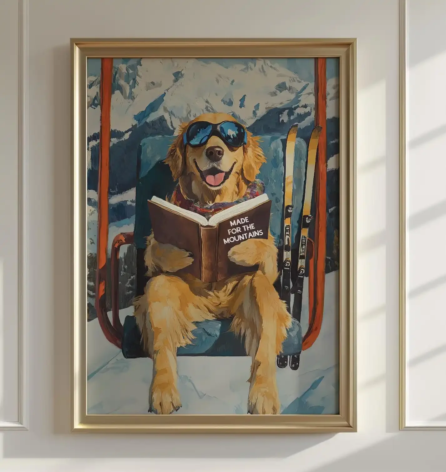 1pc frameless Canvas Painting Modern Funny Dog on Ski Lift Winter Mountain Art Print Poster Unframed Lodge Wall Art Poster for L