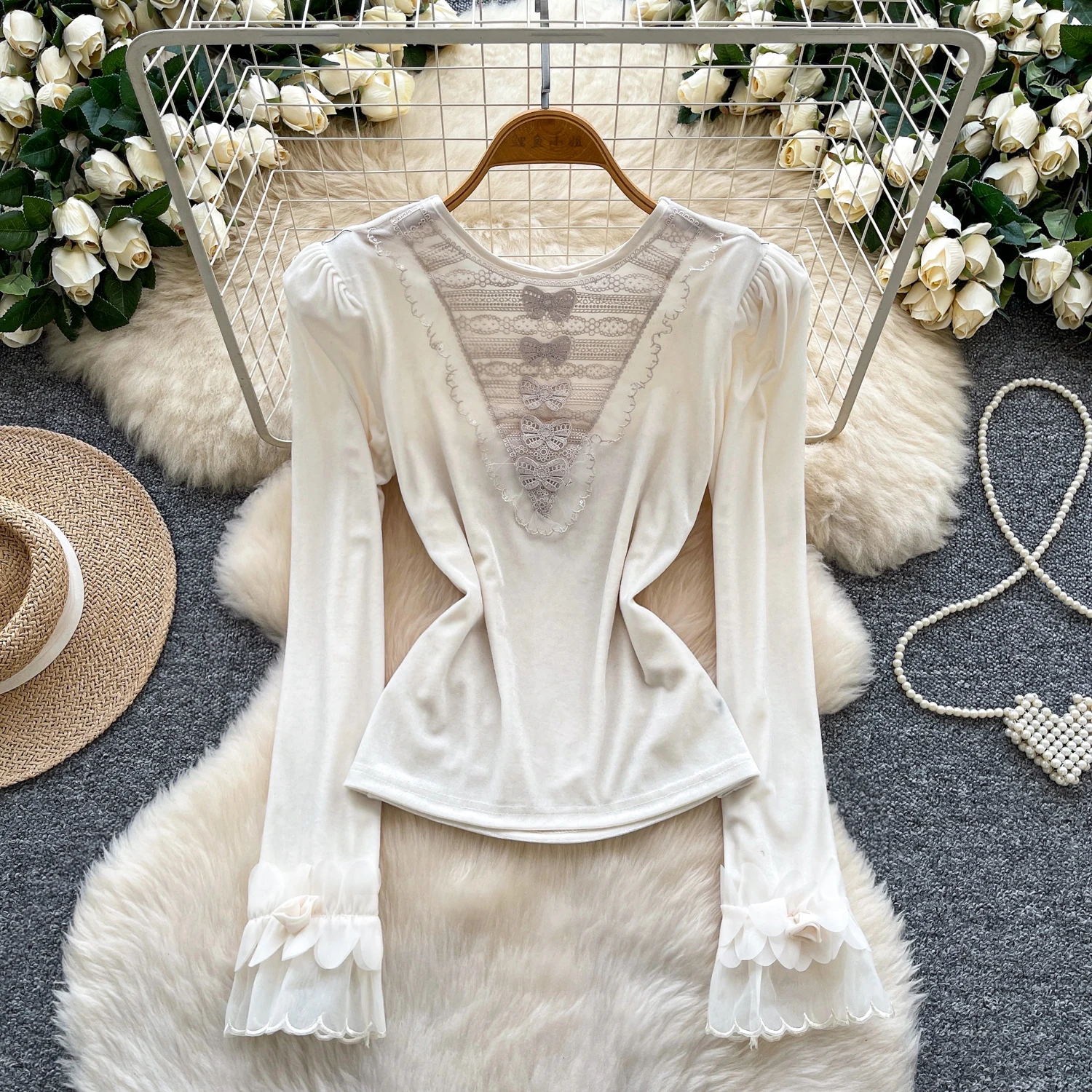 

Vintage Elegant velour Spliced long sleeve Top Korean Streetwear High Street Autumn Basics T-Shirts