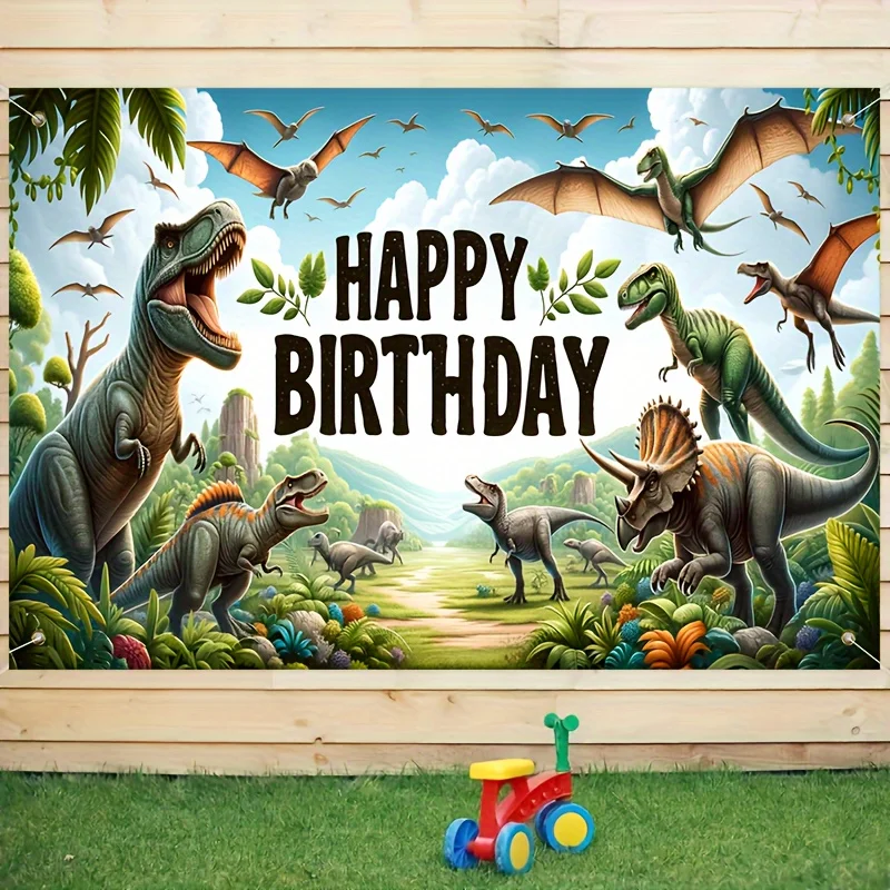 Jurassic dinosaur banner, happy birthday photo decoration background, perfect for family gatherings and birthday parties