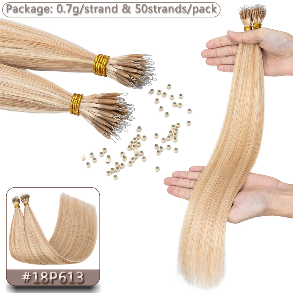 S-noilite Human Hair Micro Links Hair Extensions 0.7g/strand Nano Rings 50pcs Nano Bead Prebonded 18-24inch Straight Blonde Hair image 3