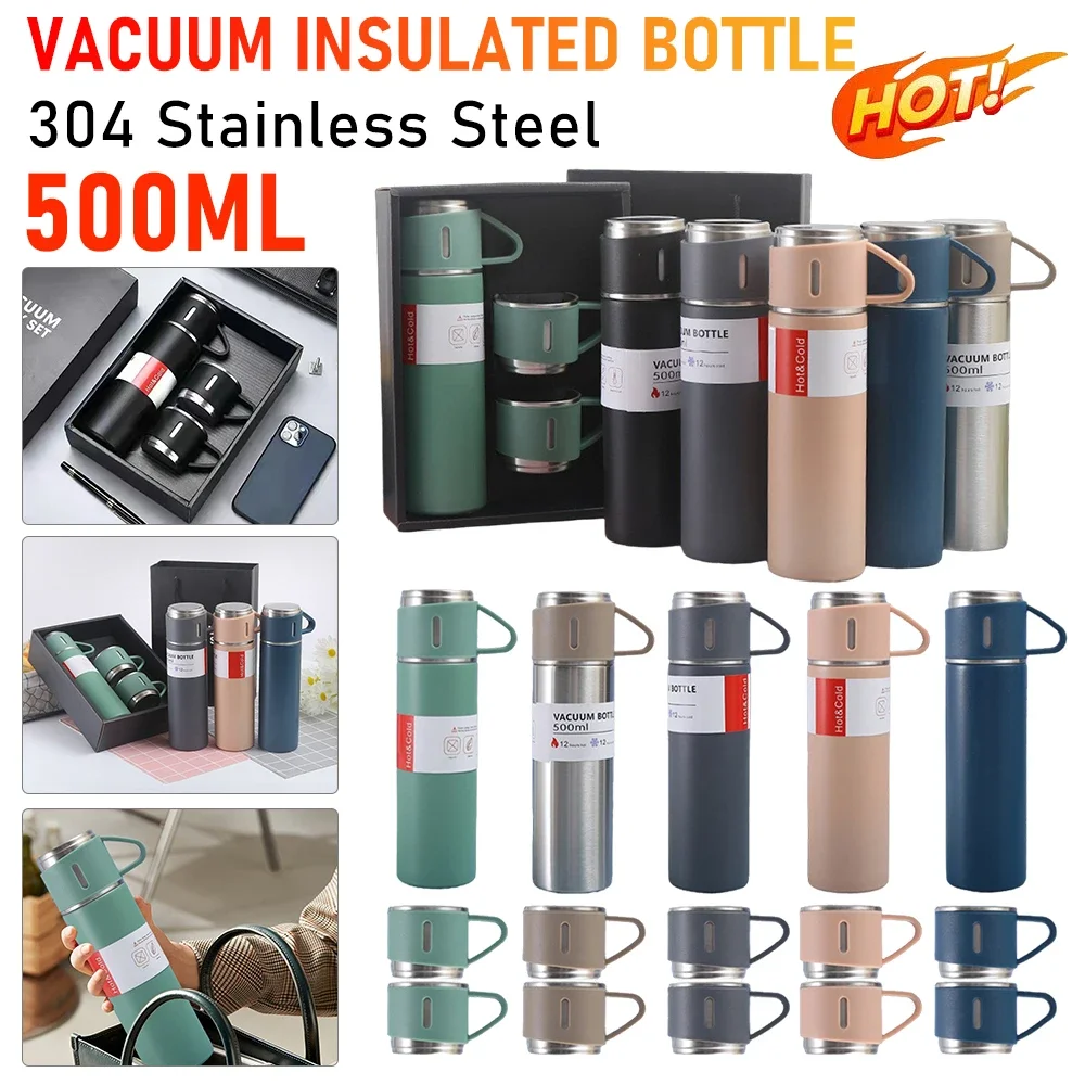 

500ML 304 Stainless Steel Vacuum Insulated Bottle Gift Set Office Business Style Coffee Mug Thermos Bottle Portable Flask Carafe